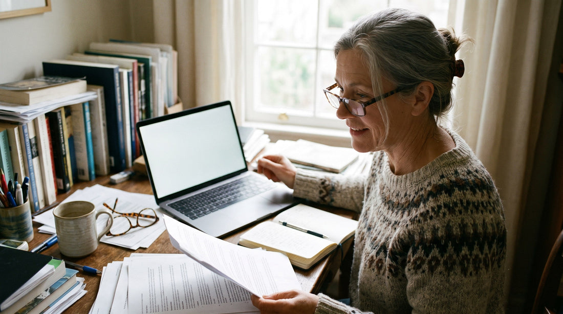 Woman around sixty at a home-office desk wearing reading glasses, looking up from paperwork toward her laptop, with a second pair of glasses on the desk